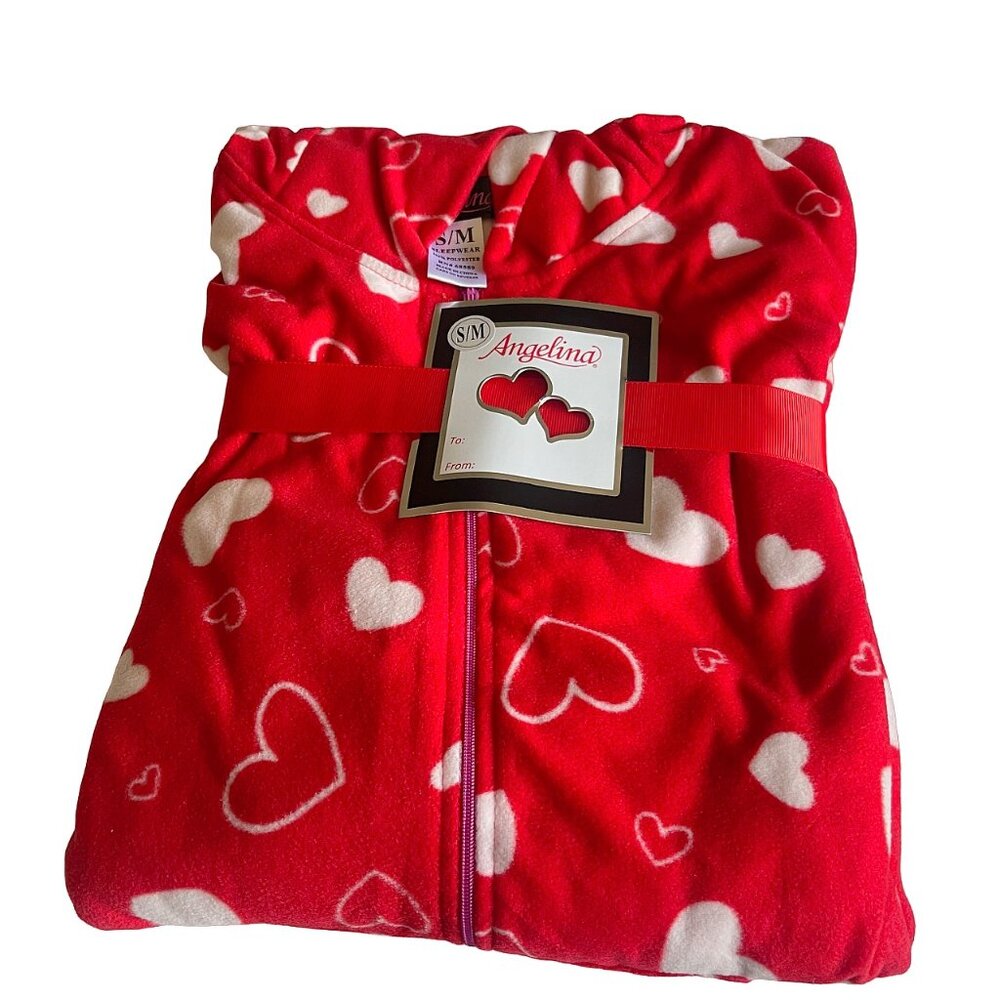 Angelina Red Heart Print Hooded One-Piece Pajamas | Zip-Up Fleece | S/M & L/XL - Picture 8 of 9